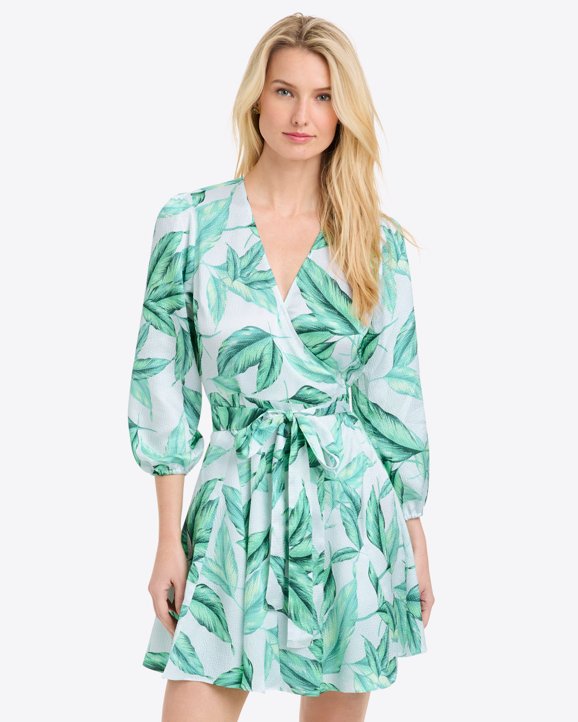 Jordan Long-Sleeve Wrap Dress in Hammered Satin Tropical Leaf - Draper James