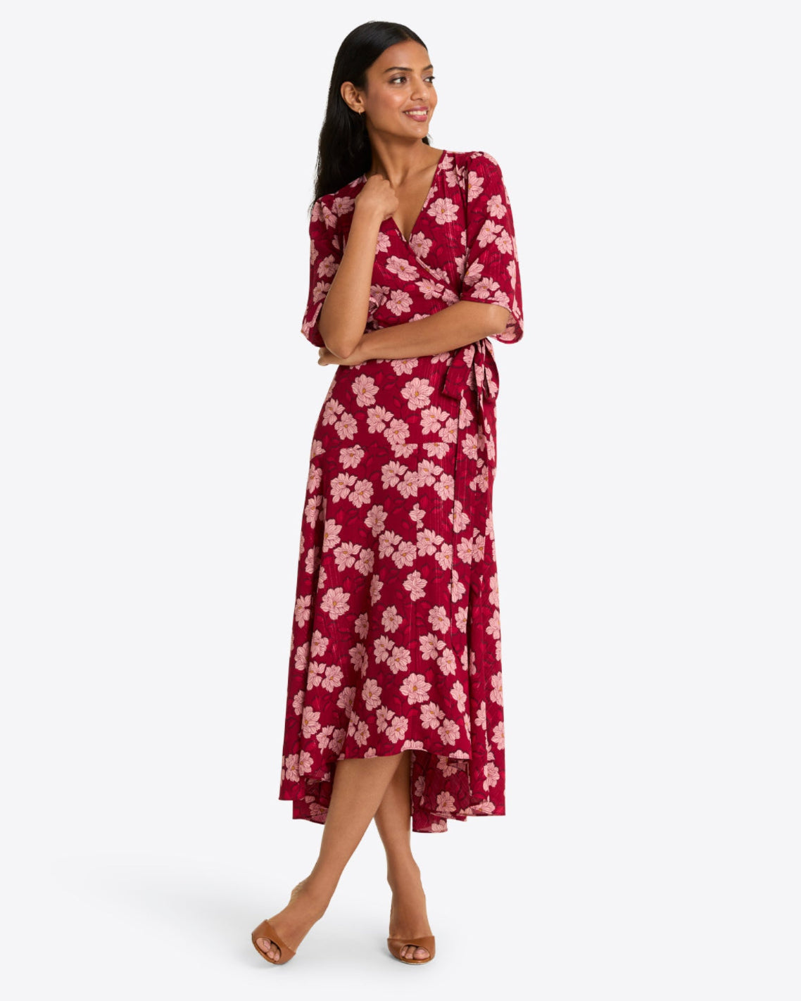 Fiona Wrap Midi Dress in Lurex Crepe Red Magnolia Shadows - Draper James