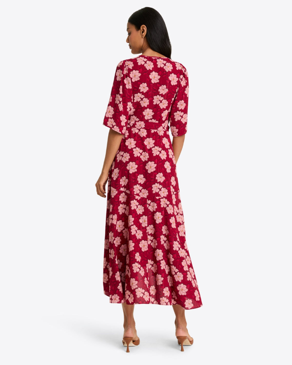 Fiona Wrap Midi Dress in Lurex Crepe Red Magnolia Shadows - Draper James