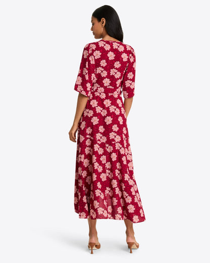 Fiona Wrap Midi Dress in Lurex Crepe Red Magnolia Shadows - Draper James