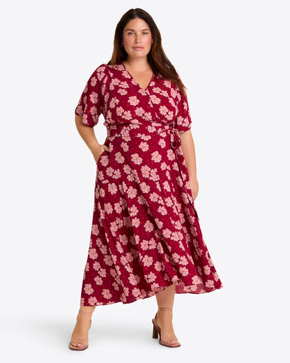 Fiona Wrap Midi Dress in Lurex Crepe Red Magnolia Shadows - Draper James