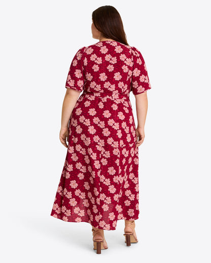 Fiona Wrap Midi Dress in Lurex Crepe Red Magnolia Shadows - Draper James