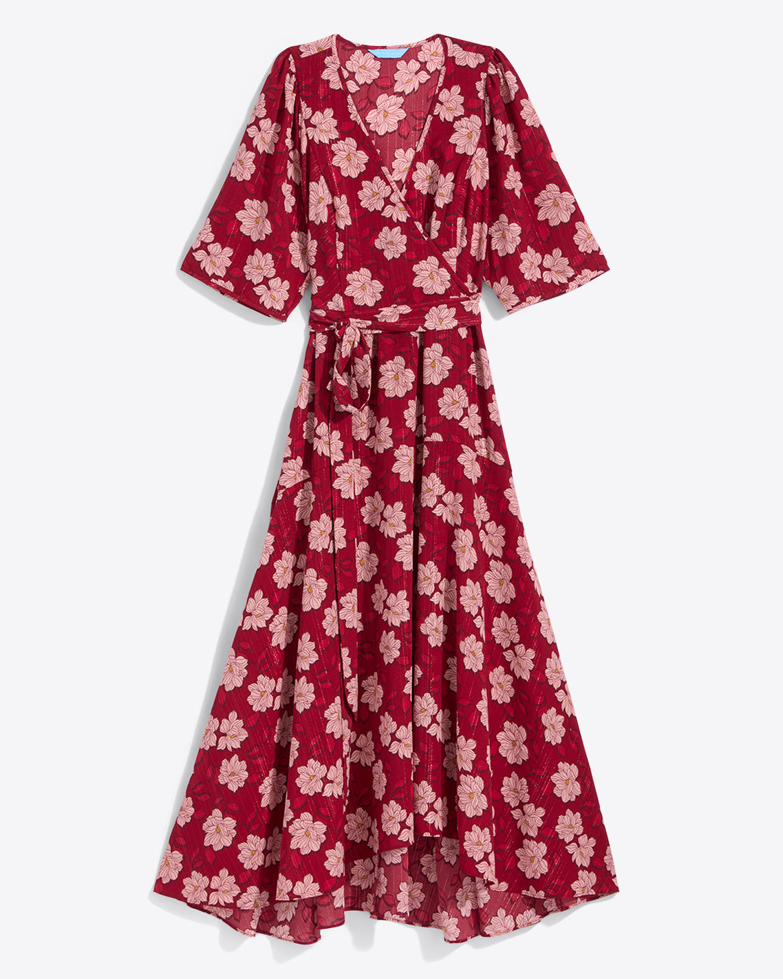 Fiona Wrap Midi Dress in Lurex Crepe Red Magnolia Shadows - Draper James
