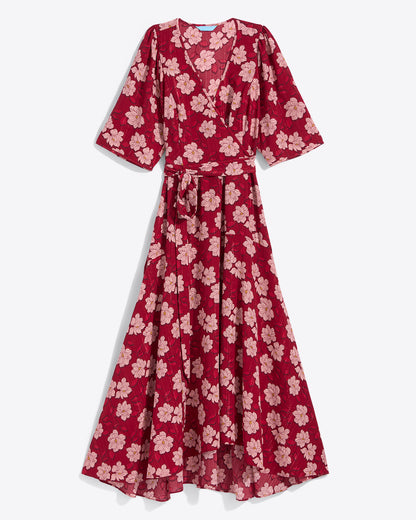 Fiona Wrap Midi Dress in Lurex Crepe Red Magnolia Shadows - Draper James