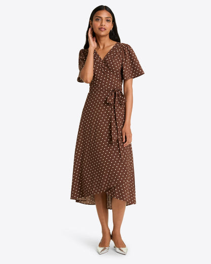 Gigi Wrap Dress in Matte Satin Brown - Draper James