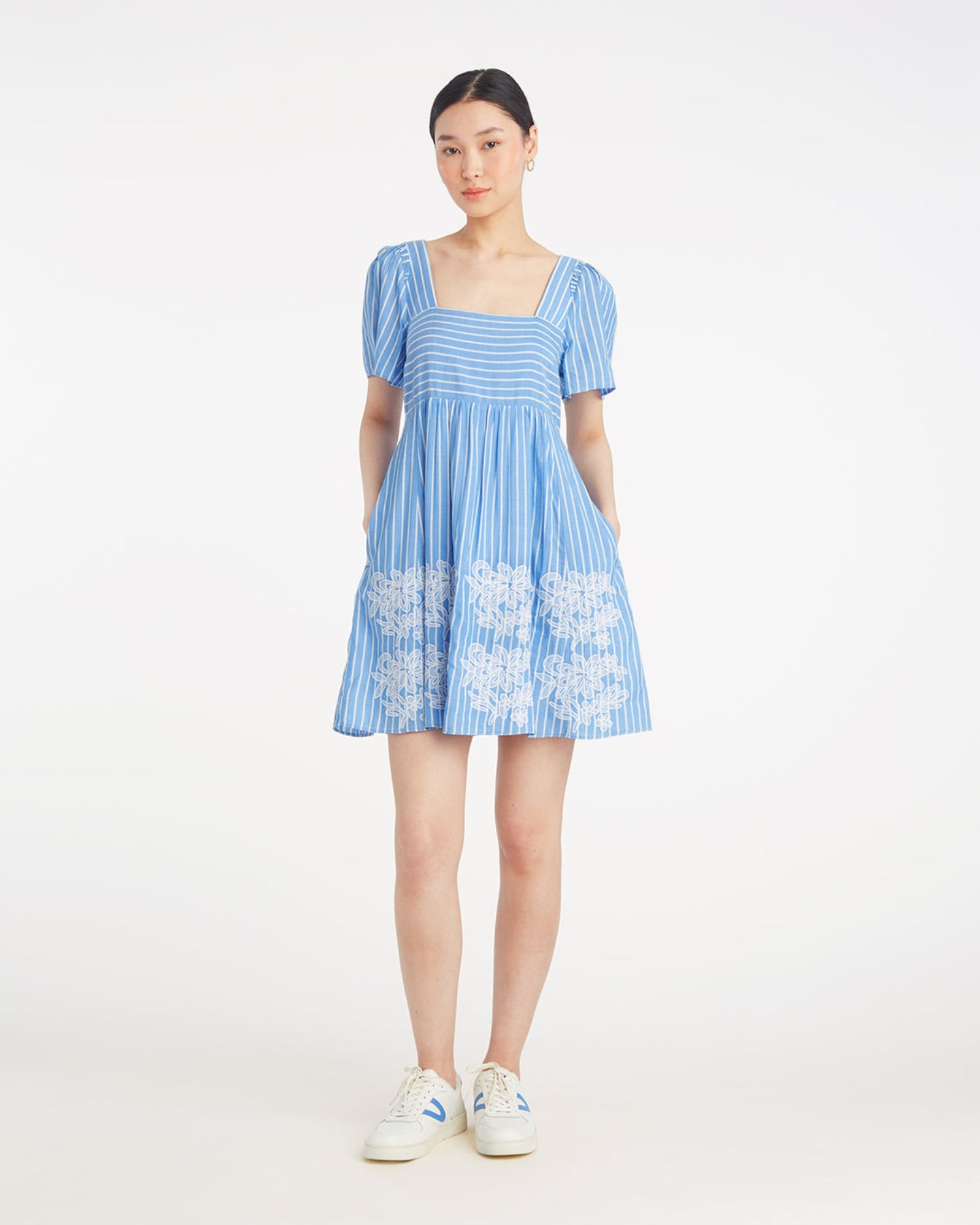 Dottie Babydoll Dress with Floral Embroidery Blue Stripe Floral Embroidery - Draper James