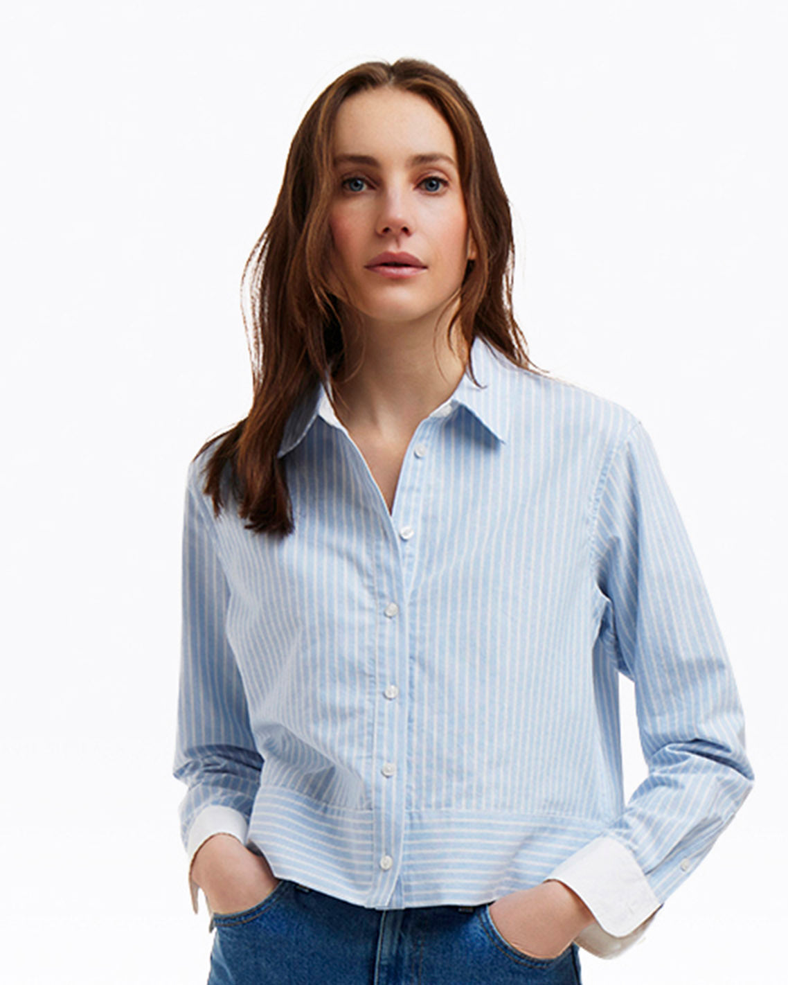 Long Sleeve Cropped Button Down in Oxford Shirting Oxford Shirting - Draper James