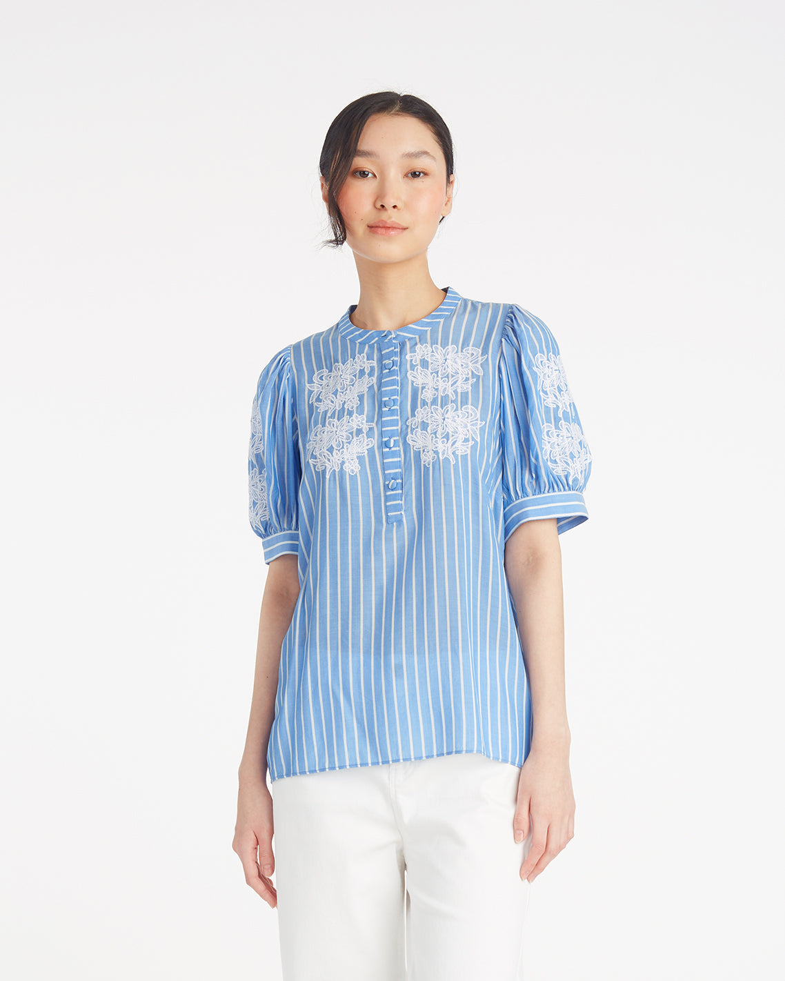 Puff Sleeve Top with Floral Embroidery Blue Stripe Floral Embroidery - Draper James