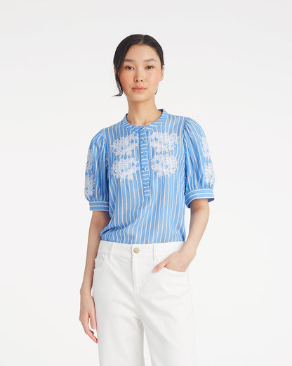 Puff Sleeve Top with Floral Embroidery Blue Stripe Floral Embroidery - Draper James