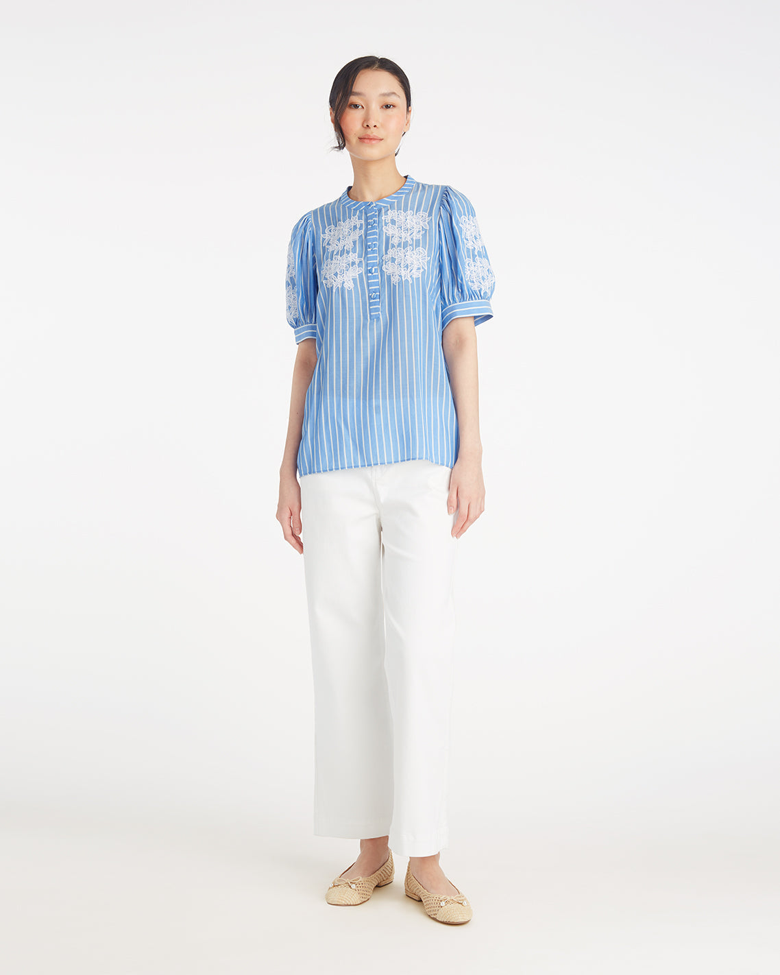 Puff Sleeve Top with Floral Embroidery Blue Stripe Floral Embroidery - Draper James