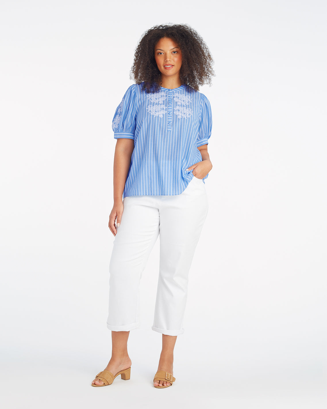 Puff Sleeve Top with Floral Embroidery Blue Stripe Floral Embroidery - Draper James