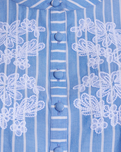Puff Sleeve Top with Floral Embroidery Blue Stripe Floral Embroidery - Draper James
