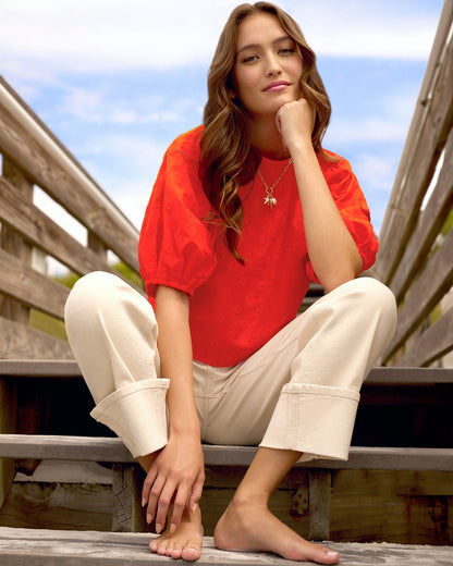 Short Sleeve Top in Embroidered Flower Lipstick Red - Draper James