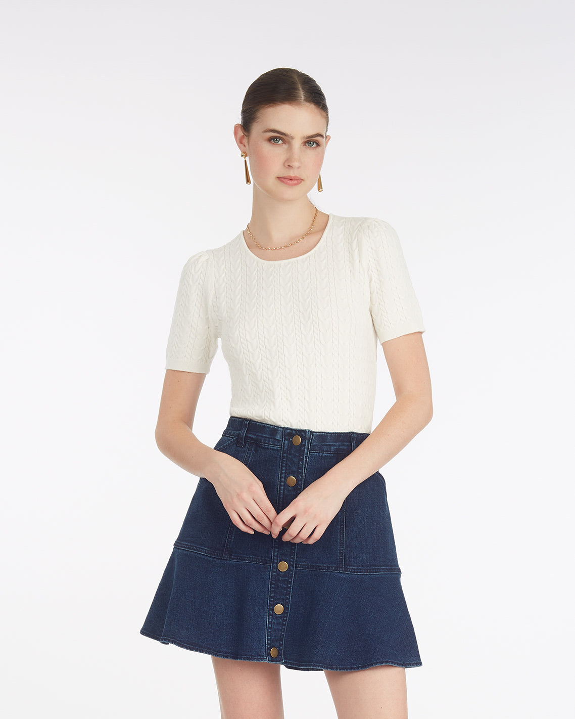 Mixed Cable Crewneck Sweater Magnolia White - Draper James