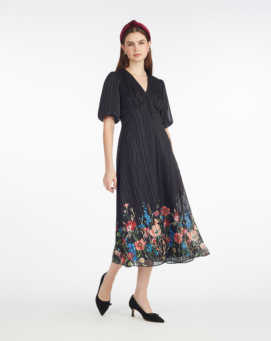 Maisy Midi Dress in Moonlit Blooms Black Multi - Draper James