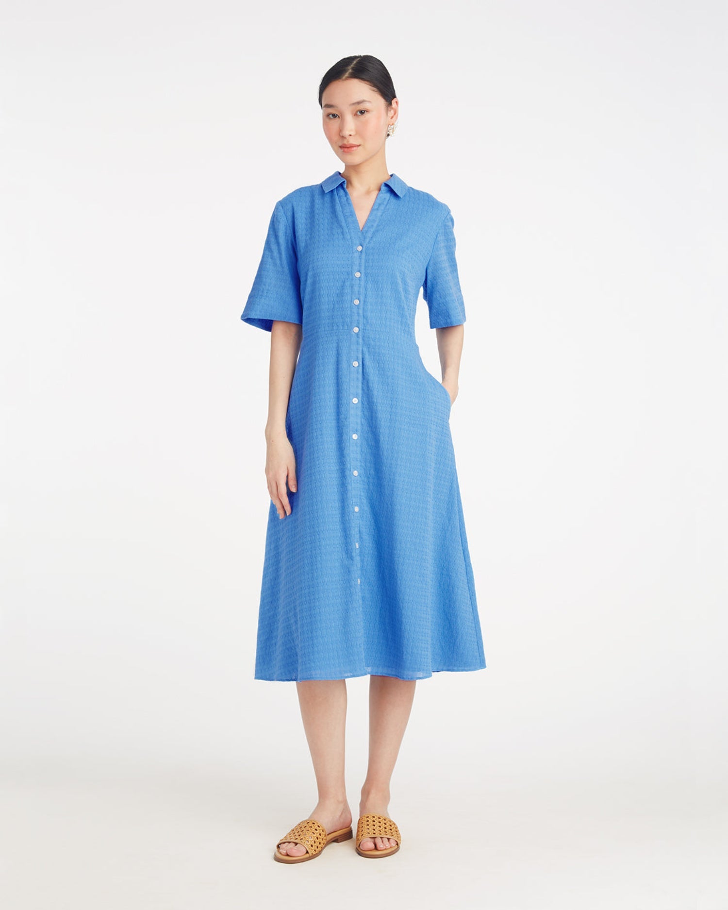 Annika Midi Shirtdress in Textured Cotton Light Blue - Draper James