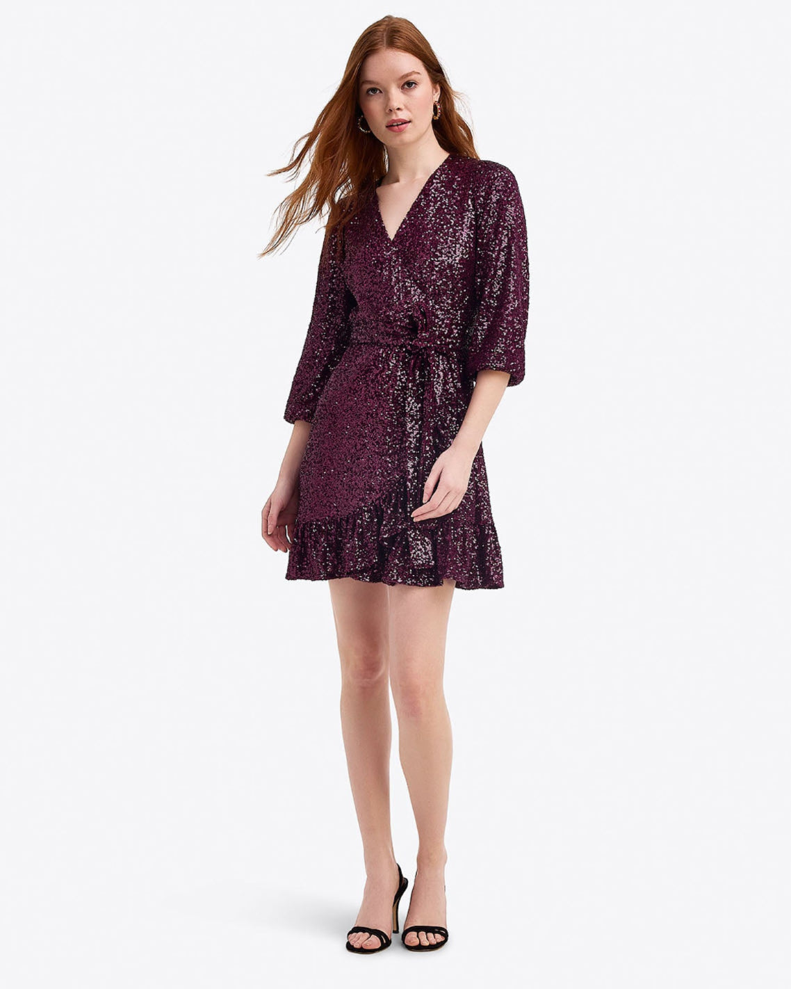 Jordan Long-Sleeve Wrap Dress in Sequins Burgundy - Draper James