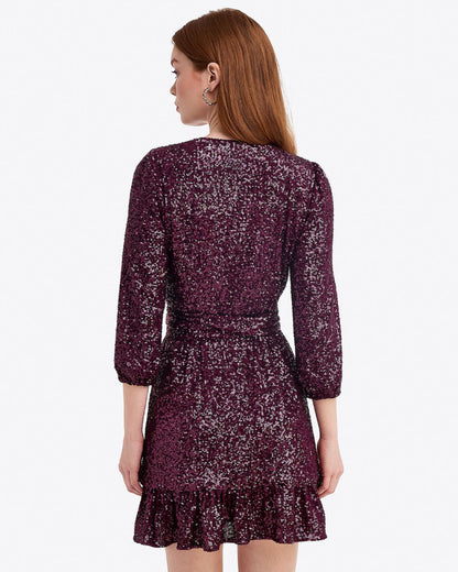 Jordan Long-Sleeve Wrap Dress in Sequins Burgundy - Draper James