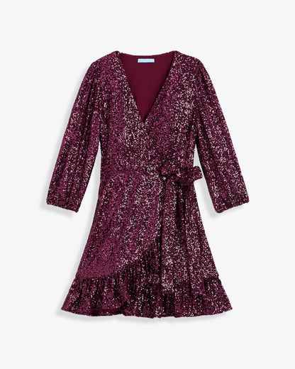 Jordan Long-Sleeve Wrap Dress in Sequins Burgundy - Draper James