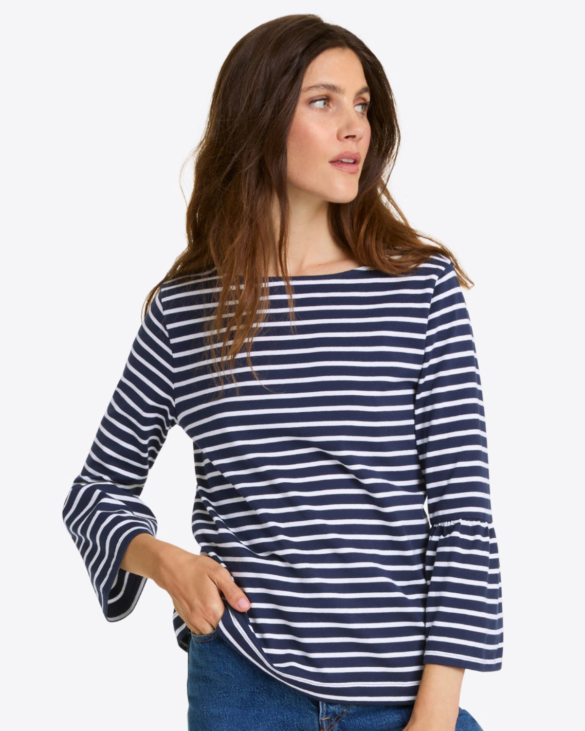 Corey Bell Sleeve Top in Navy Mariner Stripe Nassau Navy - Draper James