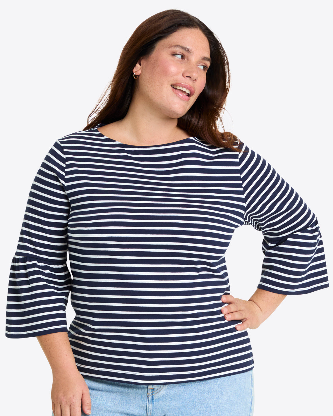 Corey Bell Sleeve Top in Navy Mariner Stripe Nassau Navy - Draper James