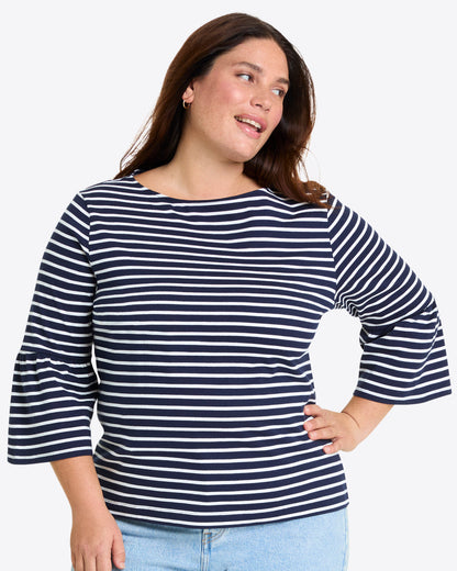 Corey Bell Sleeve Top in Navy Mariner Stripe Nassau Navy - Draper James