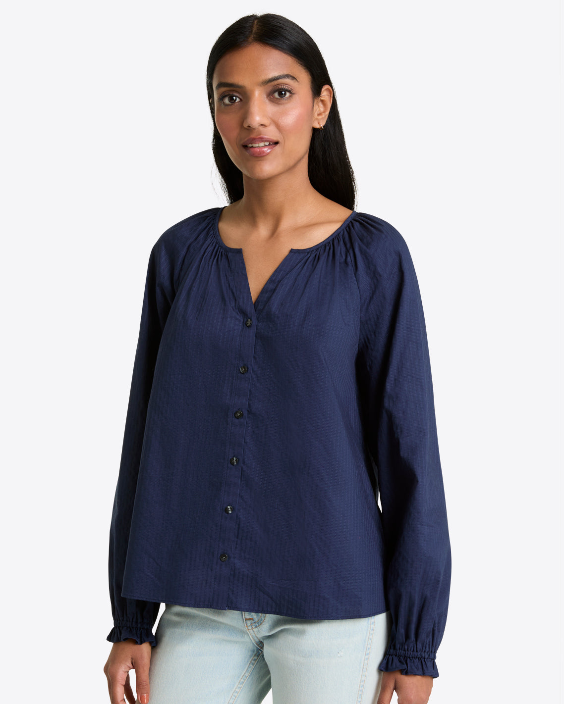 Alexandra Top in Navy Dobby Stripe Nassau Navy - Draper James