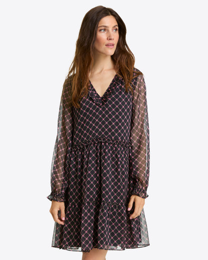 Lorrie Long-Sleeve Dress in Crinkle Chiffon Black Daisy Trellis - Draper James