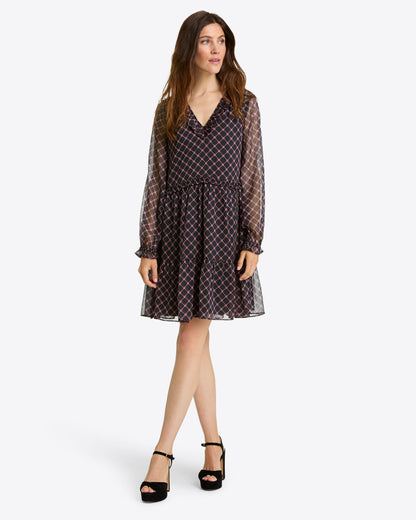 Lorrie Long-Sleeve Dress in Crinkle Chiffon Black Daisy Trellis - Draper James
