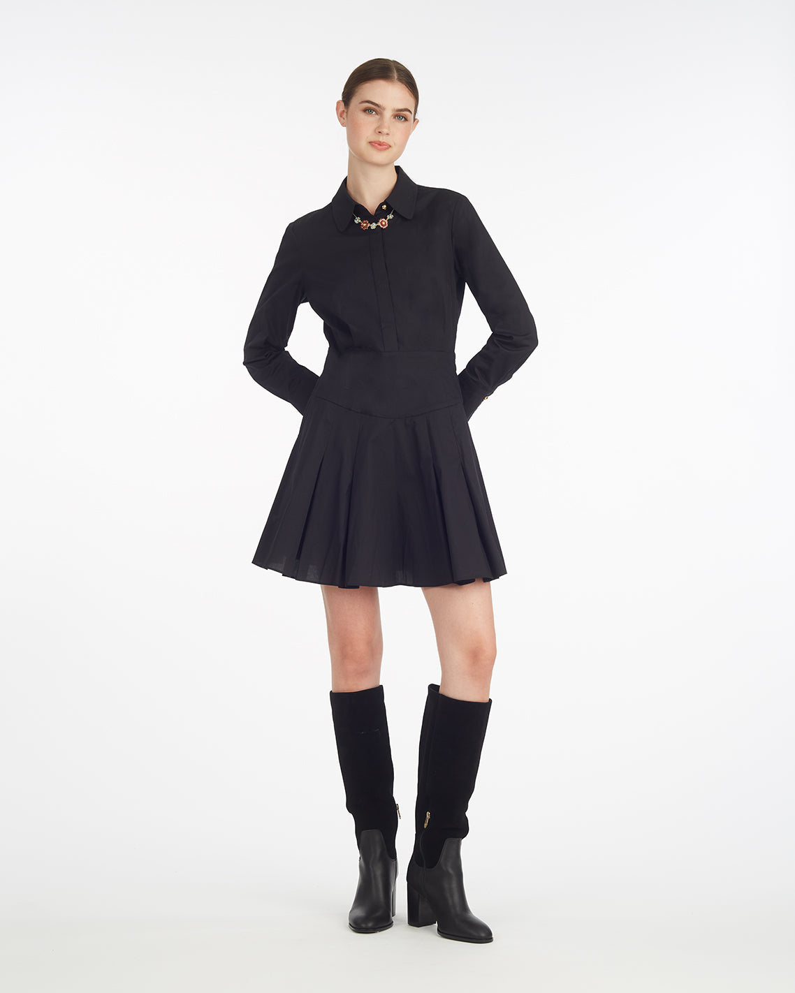 Mia Mini Dress in Stretch Cotton Poplin Belle Meade Black - Draper James