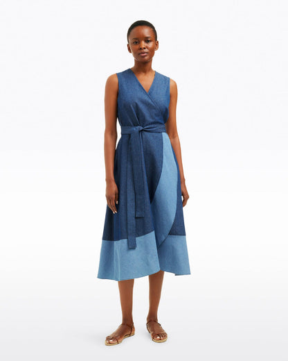 Lorelai Two Tone Sleeveless Wrap Dress in Chambray Dark Wash - Draper James
