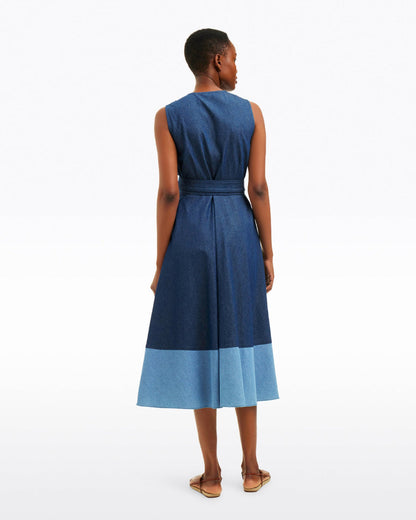 Lorelai Two Tone Sleeveless Wrap Dress in Chambray Dark Wash - Draper James