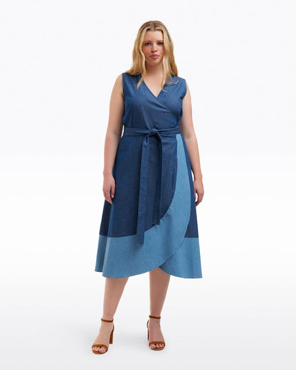Lorelai Two Tone Sleeveless Wrap Dress in Chambray Dark Wash - Draper James