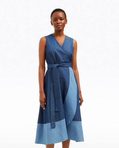 Lorelai Two Tone Sleeveless Wrap Dress in Chambray Dark Wash - Draper James