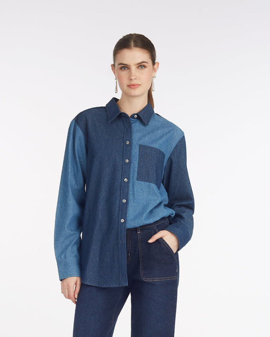 Lynn Long Sleeve Top in Chambray Medium Wash - Draper James
