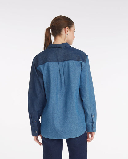 Lynn Long Sleeve Top in Chambray Medium Wash - Draper James