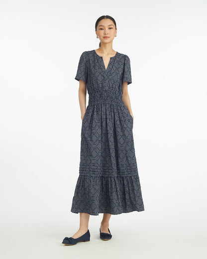 Hollie Midi Dress in Navy Textured Stripe Nassau Navy - Draper James