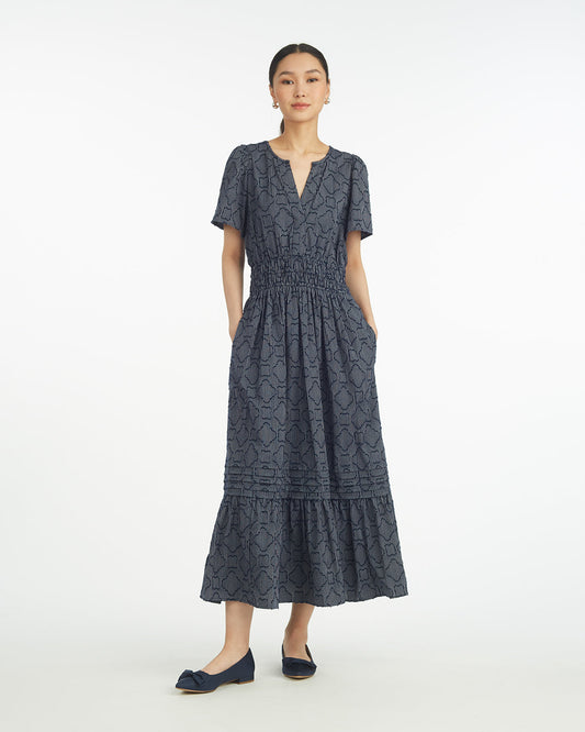 Hollie Midi Dress in Navy Textured Stripe Nassau Navy - Draper James
