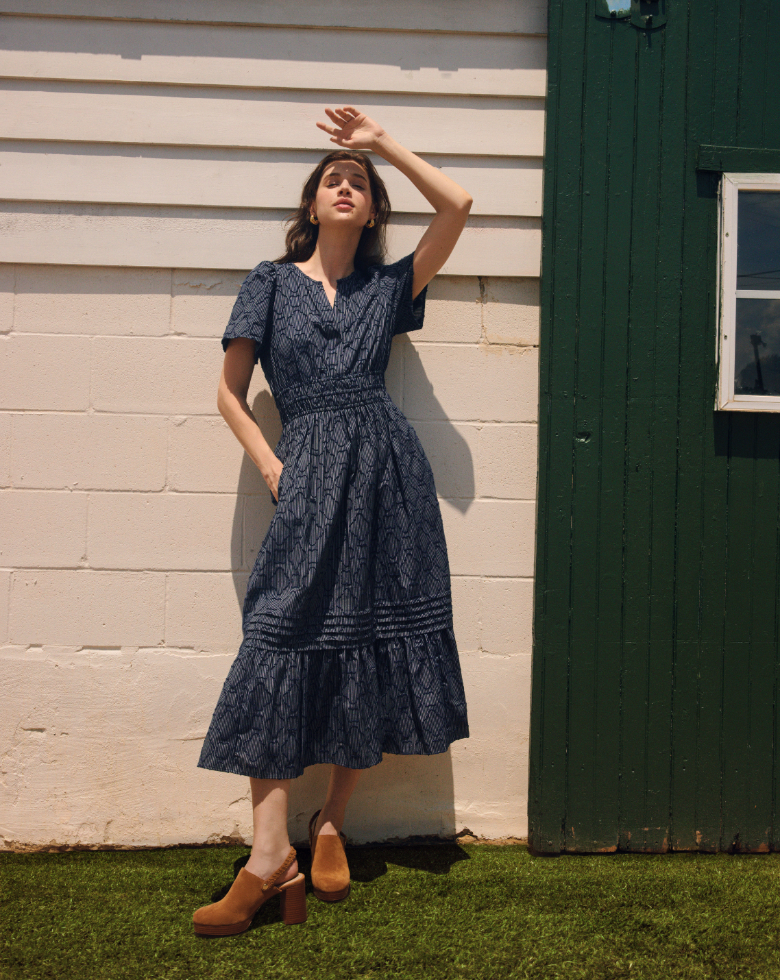 Hollie Midi Dress in Navy Textured Stripe Nassau Navy - Draper James