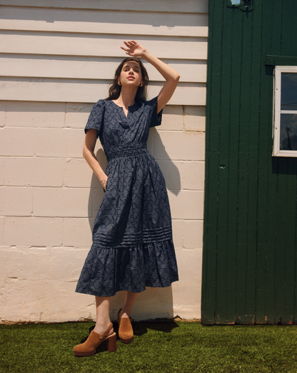 Hollie Midi Dress in Navy Textured Stripe Nassau Navy - Draper James