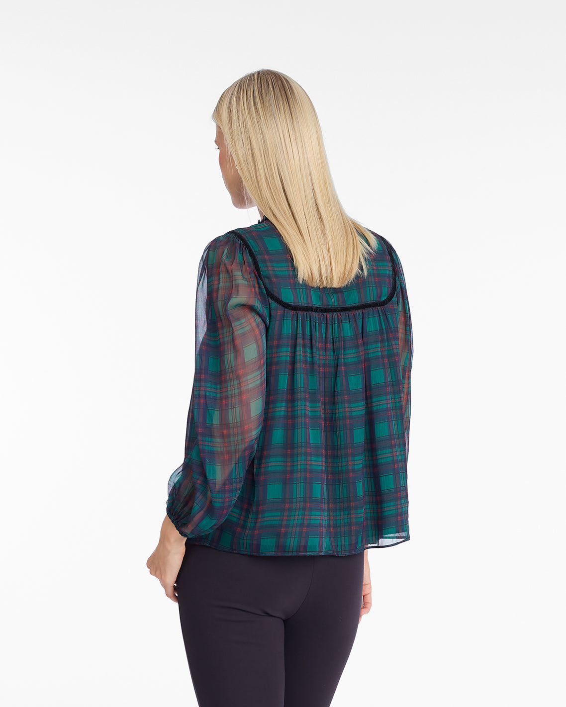 Bow Long-Sleeve Top in Evergreen Tartan Green Multi - Draper James