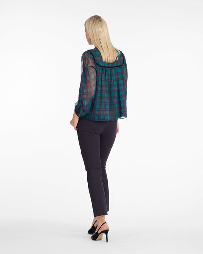 Bow Long-Sleeve Top in Evergreen Tartan Green Multi - Draper James