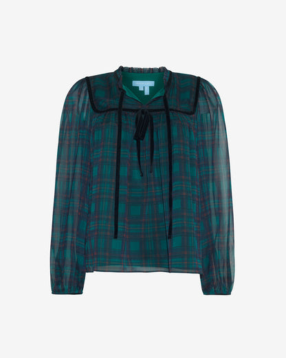 Bow Long-Sleeve Top in Evergreen Tartan Green Multi - Draper James