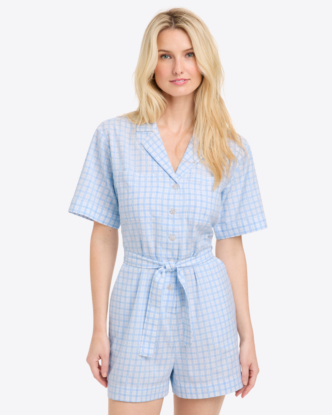 Tie Waist Romper in Cotton Dobby Rompers Blue Gingham - Draper James