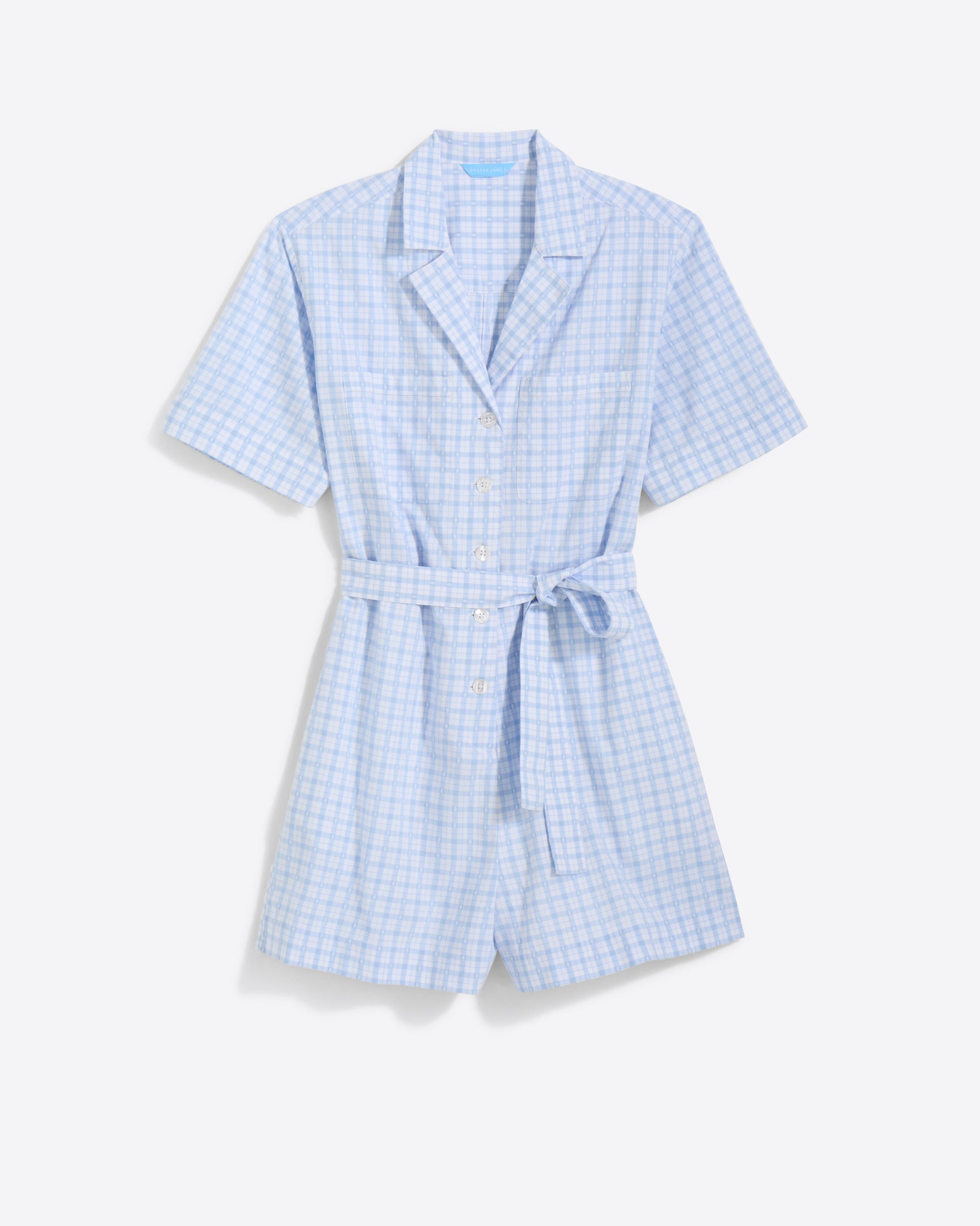 Tie Waist Romper in Cotton Dobby Rompers Blue Gingham - Draper James