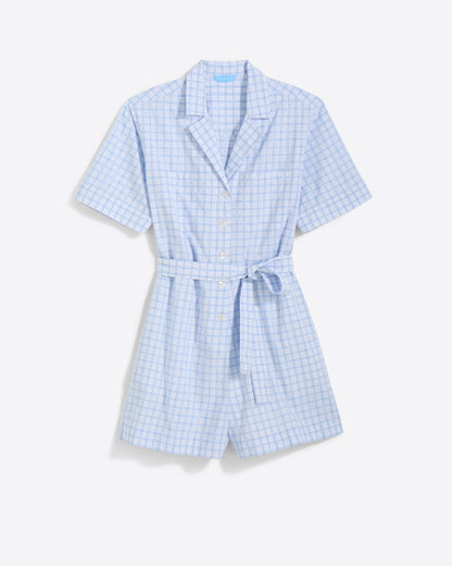 Tie Waist Romper in Cotton Dobby Rompers Blue Gingham - Draper James